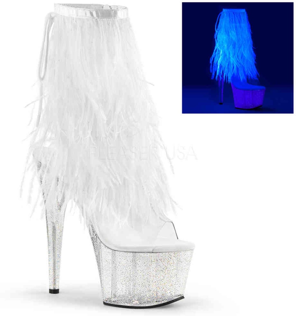 EU 41,5 = US 11 | ADORE-1017MFF | 7 Heel, 2 3/4 PF Marabou Fur Fringe Ankle Boot, Side Zip